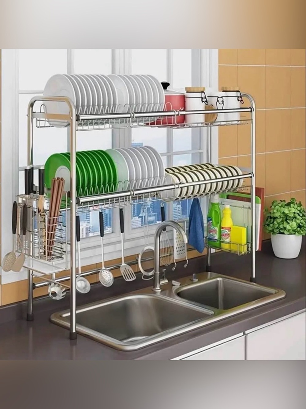 Over-Sink Stainless Steel 2-Tier Dish Drying Rack - Silver